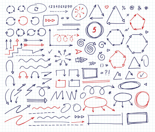 手工制作的元素。手动绘制的矢量箭头设置在白色背景素材图片