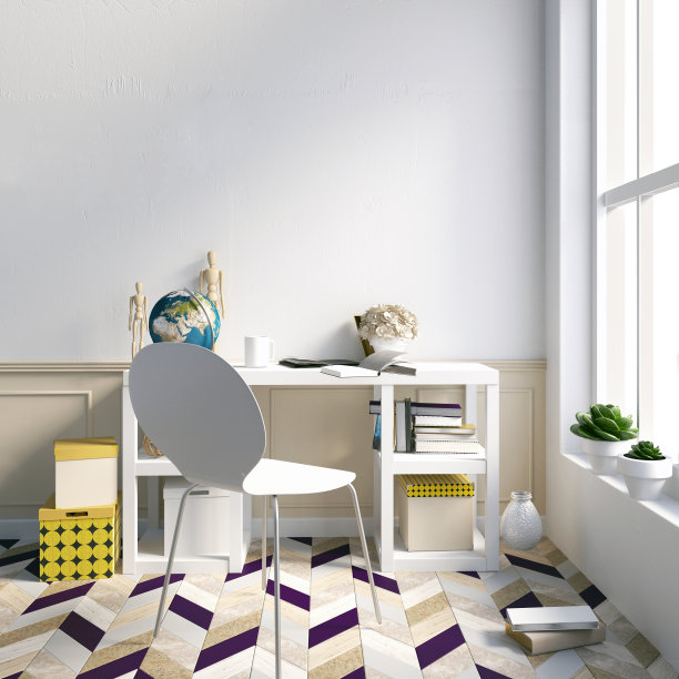 现代灯光风格的阁楼内部，一个学习的地方，由架子上的小摆设和纪念品，一对凳子，灯，办公桌。3 d演示。墙模型图片下载