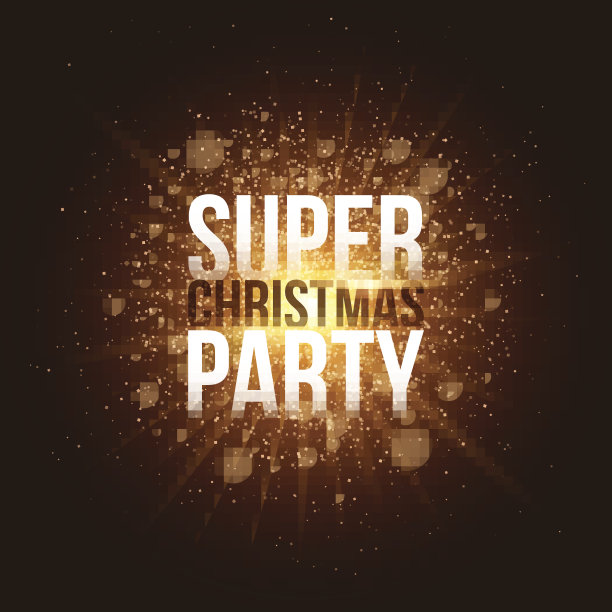 超级圣诞晚会。发光的霓虹灯魔术横幅由金粉条制成。明亮的金色闪烁着光芒。圣诞快乐。节日的小册子。矢量图图片下载