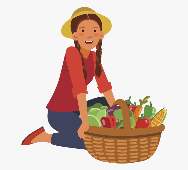 年轻女子在花园里与一个装满新鲜蔬菜的篮子:卷心菜，辣椒，番茄，胡萝卜，玉米，花椰菜和茄子的卡通风格图片下载
