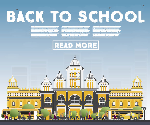 回到学校。印有校车、大楼和学生的横幅。图片下载