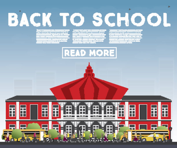 回到学校。印有校车、大楼和学生的横幅。图片下载
