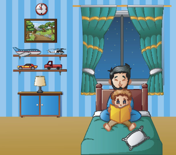 父亲和他的儿子晚上在床上看书图片下载