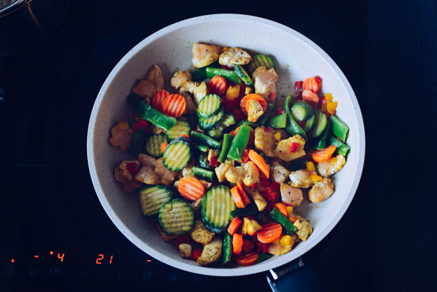 厨房里的锅里有炸鸡和蔬菜图片下载