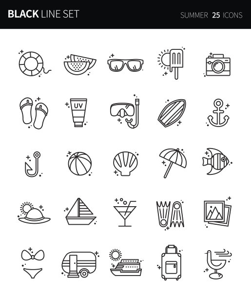 现代瘦黑线的夏季图标集。优质的轮廓符号集。简单的线性象形图包。可编辑线系列图片下载