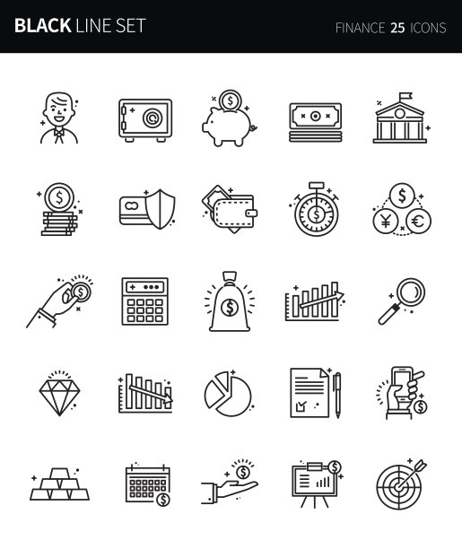 现代细黑线图标设置的企业财务。优质的轮廓符号集。简单的线性象形图包。可编辑线系列图片下载