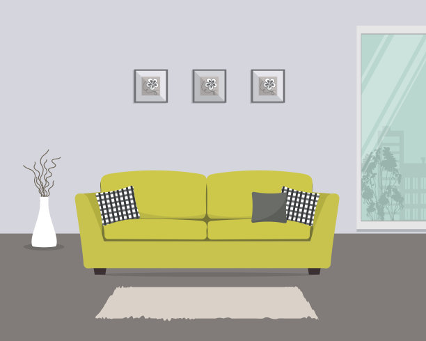 黄色沙发和灰色枕头的客厅图片下载