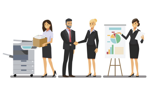 女商人角色在办公室设置，矢量插图素材图片