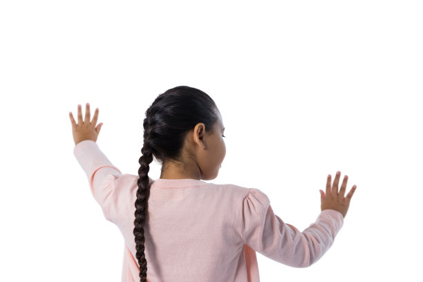 女孩在白色背景下打手势图片下载