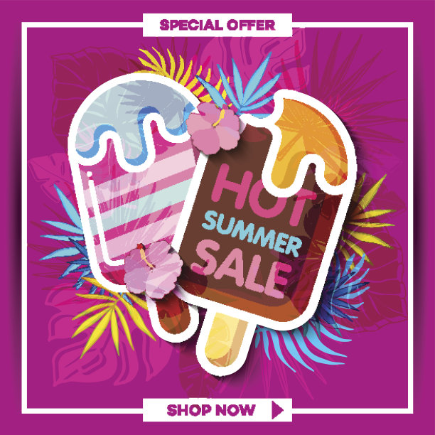 有热带棕榈叶和冰淇淋的夏季销售背景图片下载