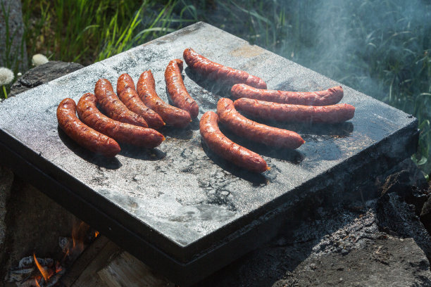 在自然界的热石头上烤香肠图片下载
