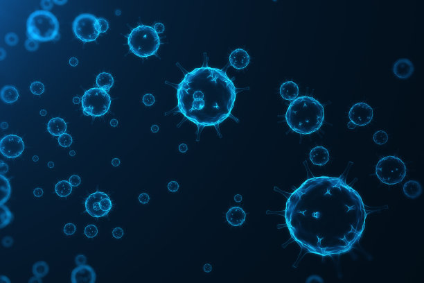 病毒和细菌，细菌，细胞感染的生物体。流感病毒H1N1，猪流感的抽象背景。蓝色病毒以吸引人的颜色发光，3D渲染图片下载