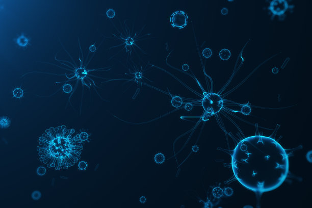 受感染生物中的病毒，病毒疾病的流行，蓝色荧光背景上的病毒抽象，三维渲染图片下载