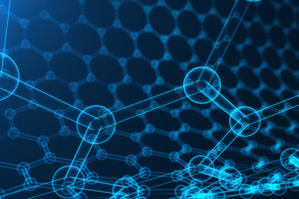 三维渲染纳米技术，发光六角形几何形态特写，概念石墨烯原子结构，概念石墨烯分子结构素材图片