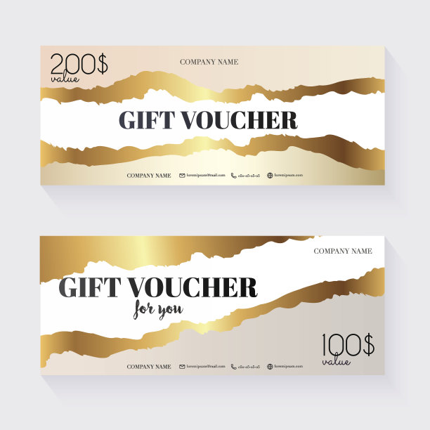 凭单模板与金制礼盒，证书。背景设计券、邀请函、货币。矢量插图。图片下载