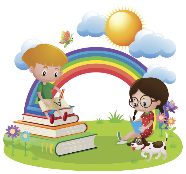 两个孩子在花园里读书写字图片下载