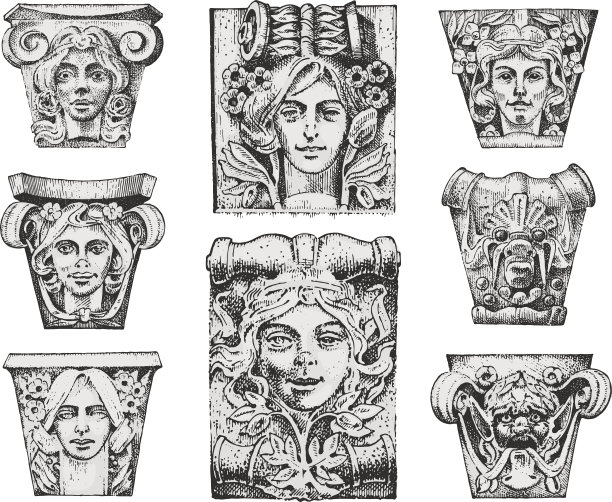 详细介绍古代古典建筑。建筑装饰元素。显示托斯卡纳，多利安，爱奥尼亚和罗马柱。手工雕刻的老素描，复古和古董，巴洛克或哥特风格图片下载