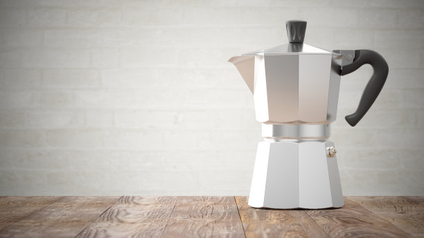 3D渲染意大利金属咖啡壶在木桌上素材图片