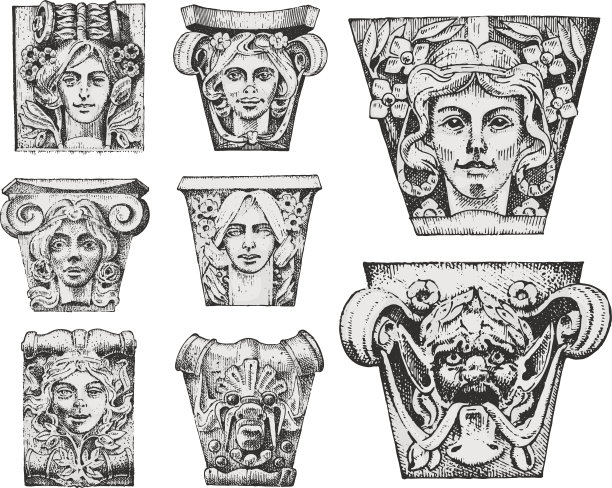 详细介绍古代古典建筑。建筑装饰元素。显示托斯卡纳，多利安，爱奥尼亚和罗马柱。手工雕刻的老素描，复古和古董，巴洛克或哥特风格图片下载