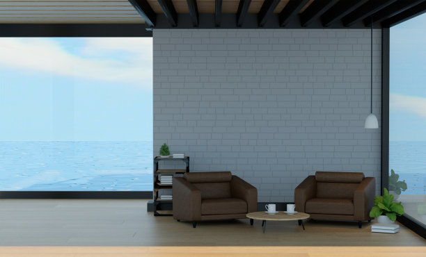 室内采用木质三角咖啡桌、台灯和扶手椅家具，3d渲染砖墙现代客厅图片下载