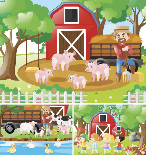 三个农夫在农场工作的场景图片下载