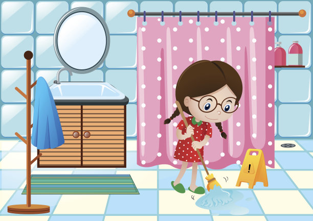 女孩打扫浴室地板图片下载