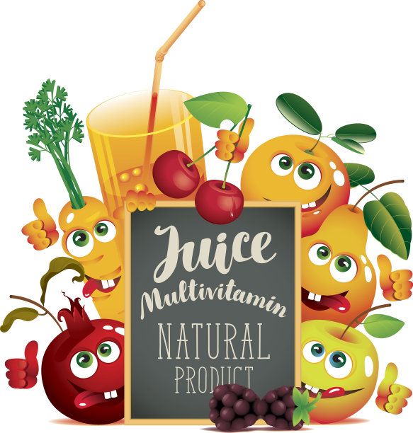 带有有趣水果的多种维生素果汁的横幅图片下载