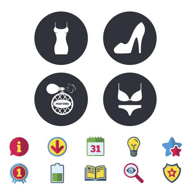 女性着装图标。性感的鞋的迹象。香水。图片下载