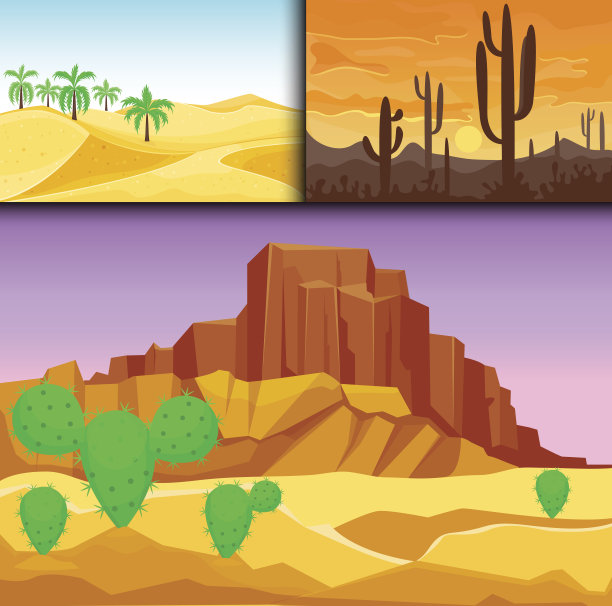 沙漠山脉砂岩荒野景观背景，阳光下干燥炎热的沙丘风光矢量插画图片下载