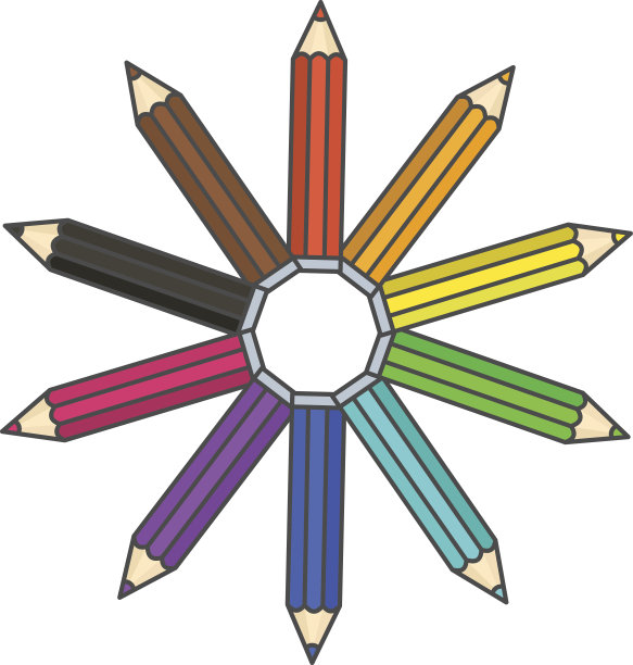 平亮彩色铅笔符号，彩色铅笔组织在色轮圈内图片下载