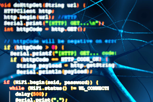 人工智能与深度学习技术概念，模糊编程代码和蓝色大脑细胞背景。3D渲染图片下载