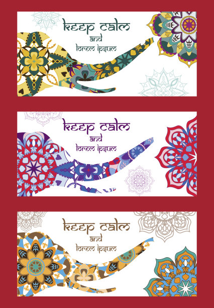 两个布局的大象剪影和明亮的曼荼罗花与保持冷静的字母。图片下载