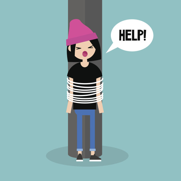 年轻女性捆绑的角色呼吁帮助/平面可编辑矢量插图，剪辑艺术图片下载