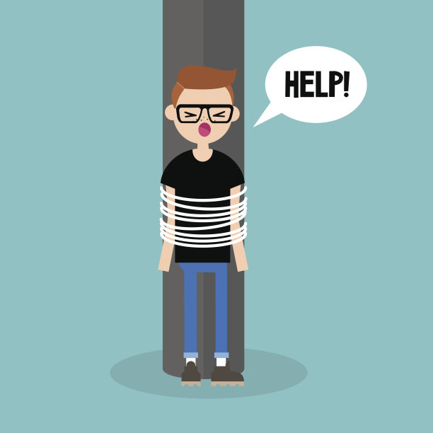 年轻的捆绑角色呼叫帮助/平面可编辑矢量插图，剪辑艺术图片下载