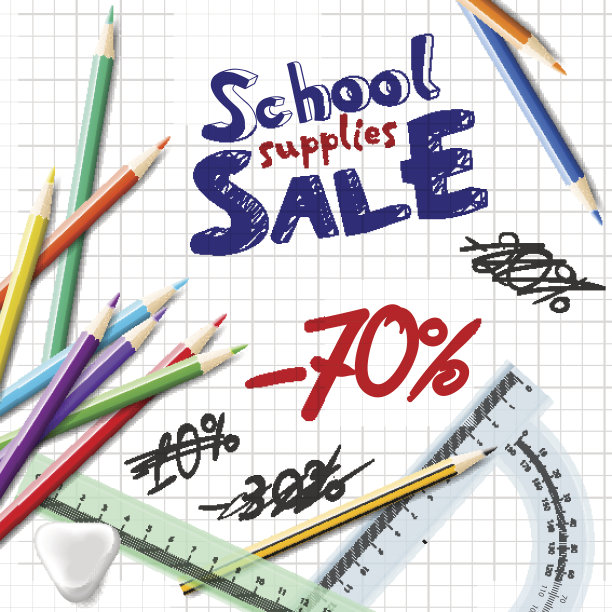 回到学校背景与学校用品批发广告载体逼真的插图广告设计图片下载