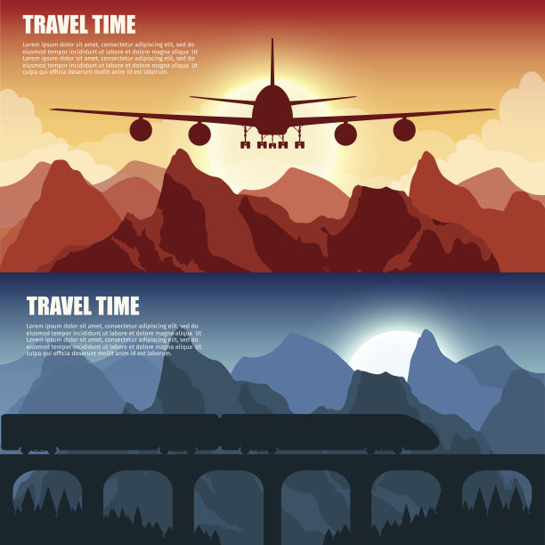 旅游火车和飞机户外与山矢量平面横幅彩色旅游横幅设置。图片下载