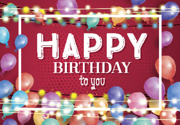 生日贺卡与飞行的气球和白色框架。图片下载
