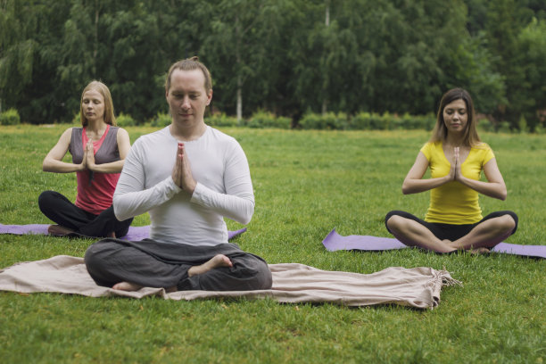 在公园的绿草地上上瑜伽课图片下载