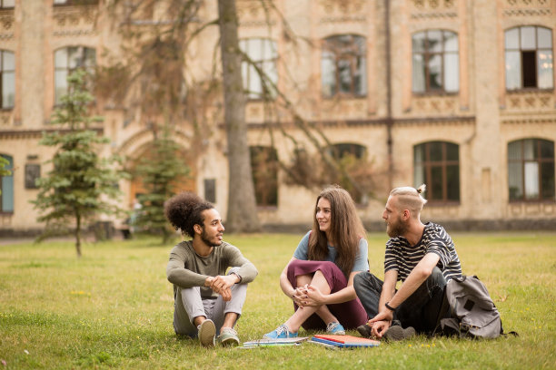 两个男孩和女孩坐在校园的草地上。图片下载