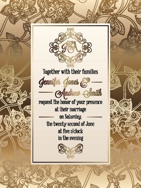 复古巴洛克风格的婚礼邀请卡模板。优雅的礼服设计，以缎子为背景，传统的婚礼装饰图片下载