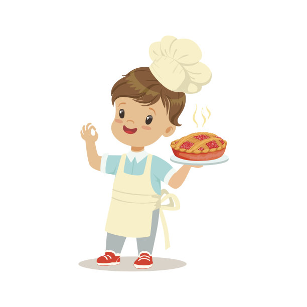 可爱的小男孩拿着一个新鲜烹饪的馅饼矢量插图图片下载