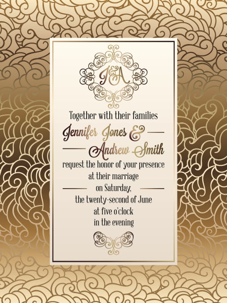 复古巴洛克风格的婚礼邀请卡模板。优雅的礼服设计，以缎子为背景，传统的婚礼装饰图片下载