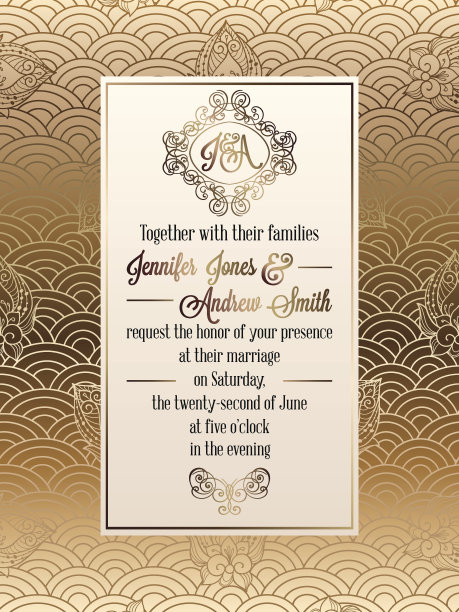 复古巴洛克风格的婚礼邀请卡模板。优雅的礼服设计，以缎子为背景，传统的婚礼装饰图片下载
