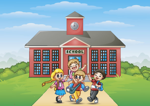 快乐儿童卡通在学校大楼前图片下载