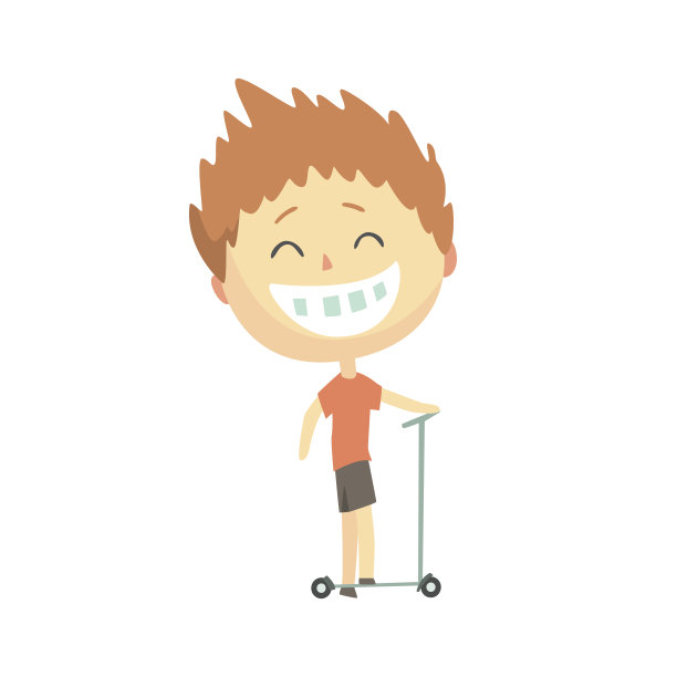 快乐微笑的卡通男孩骑着一脚踏板车，孩子们户外活动，色彩斑斓的人物矢量插画图片下载