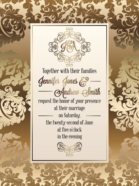 复古巴洛克风格的婚礼邀请卡模板。优雅的礼服设计，以缎子为背景，传统的婚礼装饰图片下载