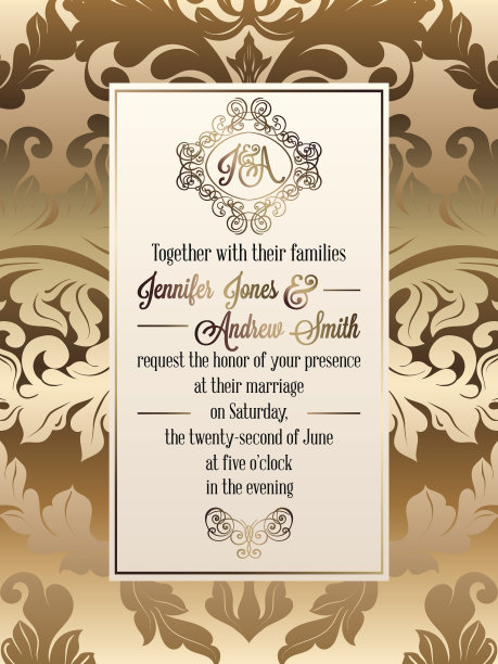 复古巴洛克风格的婚礼邀请卡模板。优雅的礼服设计，以缎子为背景，传统的婚礼装饰图片下载
