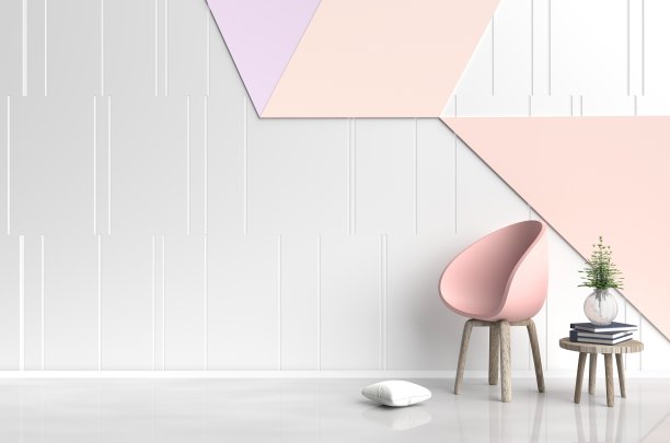 白橙色的房间里装饰着粉橙色的椅子，玻璃花瓶里的树，白色的枕头，蓝色的书，白色和橙色的水泥墙，是格子图案和白色的水泥地。3 d渲染。图片下载