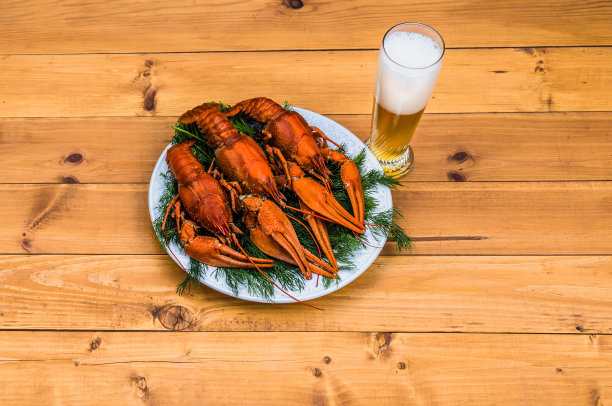 白盘子上煮红小龙虾，木背景上放绿茴香。图片下载