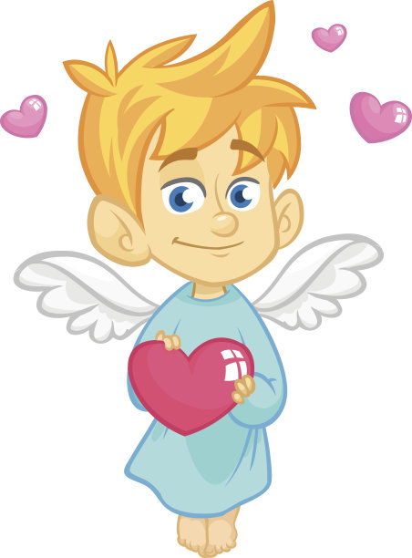一个小丘比特抱着一颗心的插图。卡通插图的丘比特人物为情人节孤立在白色图片下载